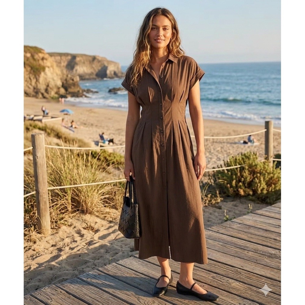 Marine Layer Arden Midi Shirt Dress NWT Brown Black Pinstripe Pima Cotton Sz S - Picture 1 of 16